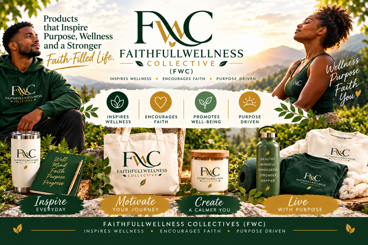 A promotional collage for Faithful Wellness Collectives (FWC) creating products based on experience to create products that inspire, motivate, strengthen faith, and promote wellness and well-being to featuring multiple branded products including cups, a journal, a tote bag, shirts, Sweatshirts, and a water bottle, arranged with text callouts and a woman and man in a scenic outdoor setting. The layout is highly designed with green, gold, and white color themes.
